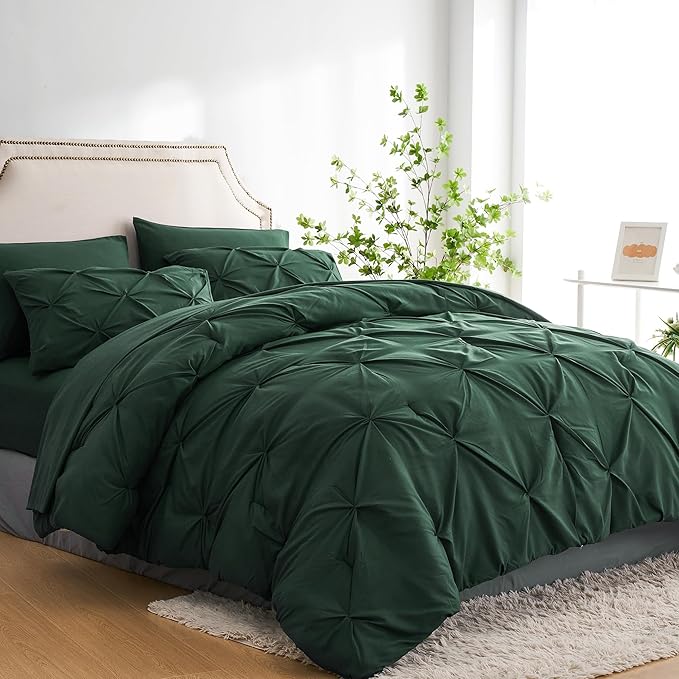Ubauba 7pc King Size Comforter Set with Sheets Dark Green, Emerald 7 Pieces Pinch Pleat Bed in a Bag, All Season Hunter Green Beddings Set with Comforters (Green,King)