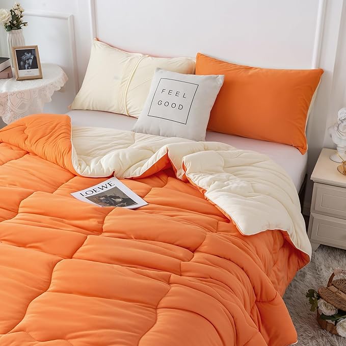 COTTEBED Reversible Softness Bright Orange and Beige King Size Comforter Set Clearance, Jersey Knit T-Shirt Feel California King Cozy Bedding Down Blanket Quilt & Pillowsham for Women Men All Season