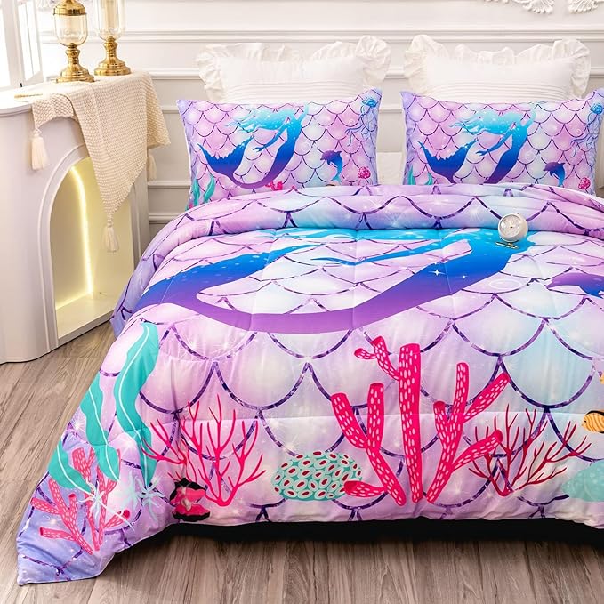 CVHOUSE Mermaid Comforter Sets King for Girls Women,Mermaid Scale Bedding Sets King Set,Mermaid Bedspread,Mermaid Duvet,Mermaid Bed Set,Mermaid Quilt Set 3 Pcs 1 Comforter and 2 Pillowcases