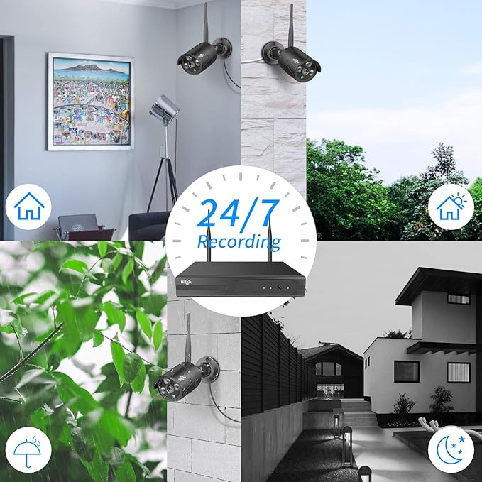 Hiseeu Black Wireless Security Camera System, 10CH 4K NVR 8Pcs Outdoor/Indoor WiFi Surveillance Camera 5MP with Night Vision, Waterproof, Motion, 1-Way Audio, Remote Access, 3TB HDD, DC12V Power Cord