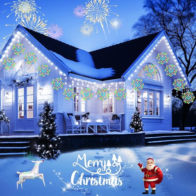 Christmas Snowflake Icicle Lights Outdoor - Plug-in 23.6ft 10 Drops 480LED Snowflake Window Lights, Connectable for Indoor Outdoor Porch Eaves Rooftops Canopy Christmas Decoration, Multicolor