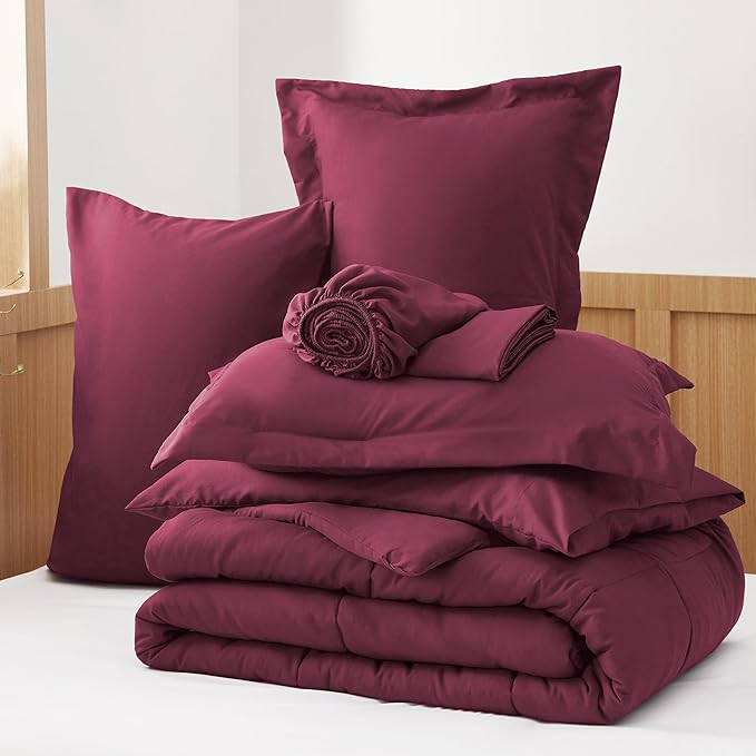 Bedsure Burgundy Twin Comforter Set - 5 Pieces Solid Twin Bed in a Bag, Twin Bed Set Burgundy with Comforters, Sheets, Pillowcase & Sham