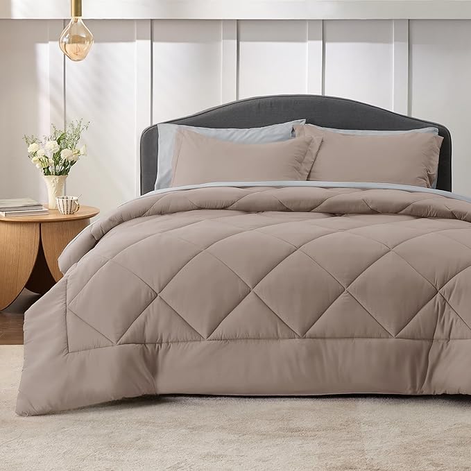 Bedsure Taupe Queen Comforter Set - 7 Pieces Reversible Queen Bed in a Bag Queen Bed Set with Comforters, Sheets, Pillowcases & Shams, Queen Bedding Sets