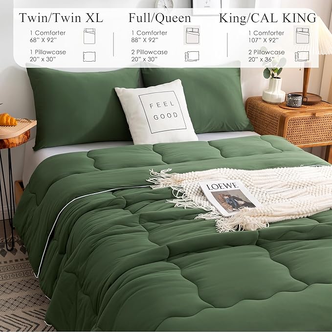 COTTEBED 3PCS Olive Green Comforter Set Queen Size - Jersey Knit T-Shirt Feeling Ultra-Soft Cute Cozy Lightweight Bedding Blanket Quilt Down Set & Pillowcase for All Season Use, Full Queen 88x92 inch