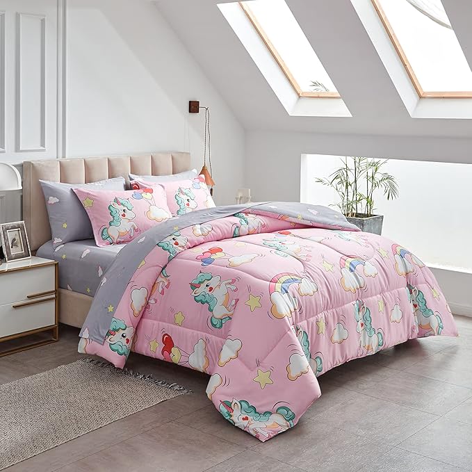 UOZZI BEDDING Kids Girls Bed in a Bag 6 Pieces Twin Size Unicorn Pink Colorful Comforter Set - (1 Soft Microfiber, Reversible Comforter, 2 Pillow Shams, 1 Flat Sheet, 1 Fitted Sheet, 1 Pillowcases)