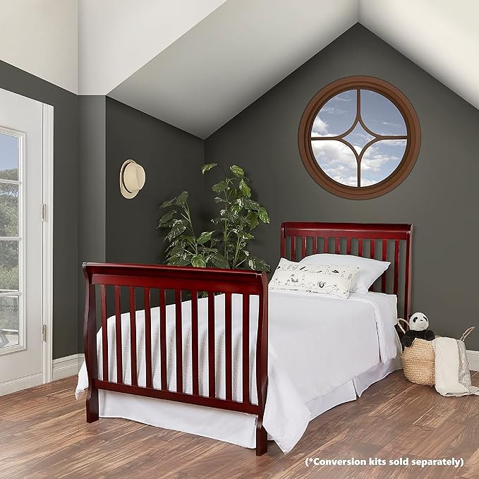 Aden 4-in-1 Convertible Mini Crib In Cherry, Greenguard Gold Certified, Non-Toxic Finish, New Zealand Pinewood, With 3 Mattress Height Settings