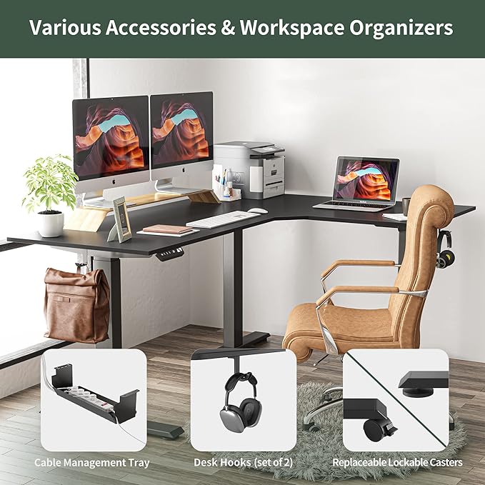 FEZIBO 75 Inches, Supports over 300mlbs, L Shaped Standing Desk Reversible, Electric Height Adjustable Corner Stand up Desk, Sit Stand Desk Computer Workstation, Black Frame/Black Top