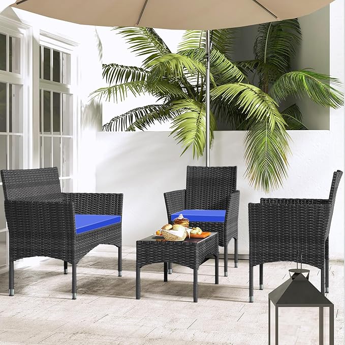 Patio Furniture, 4 Piece Conversation Set, Outdoor Wicker Rattan Table and Chairs, Sectional Sofa with Thick Cushion for Garden, Yard, or Porch, Dark Brown