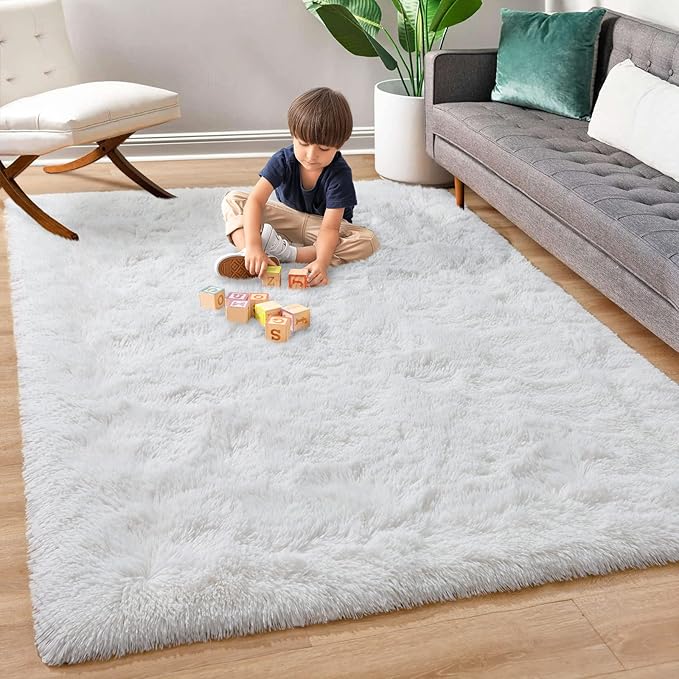 Super Soft Fluffy Shaggy Rugs 5x8 Feet for Living Room Bedroom, Fuzzy Plush Area Rugs for Girls Kids Room Nursery Home Decor, Furry Dorm Rug Cute Non-Slip Indoor Floor Carpet, Cream White