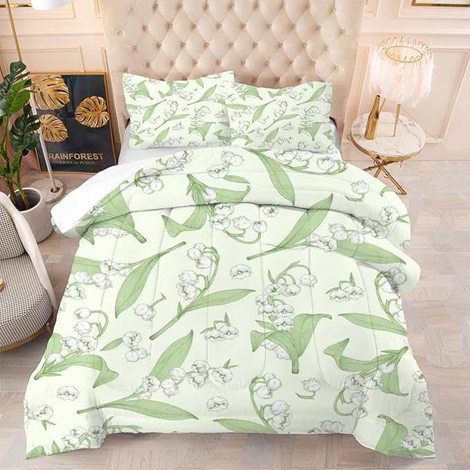 kxry Green Flower Comforter Sets Bedding Sets King Size Comforter Set for Girls Women Kids 1 Comforter + 2 Pillow Case