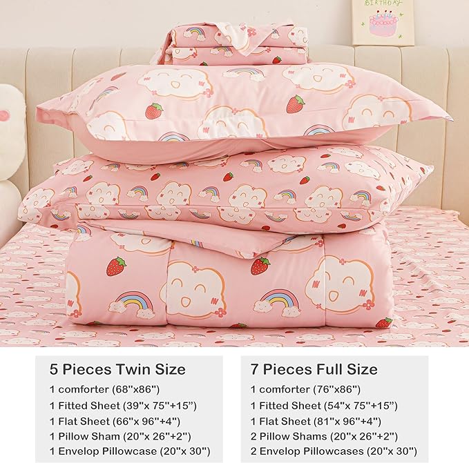 Mooreeke Bed in a Bag for Kids Girls Teens, 7 Pieces Full Size Comforter Bed Set with Shams, Sheet Set, Rainbow Cloud Strawberry Pink Super Soft Microfiber Kids Comforter Bedding Set