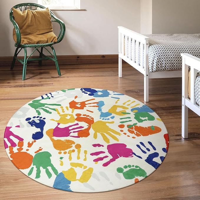 Colorful Round Rug for Kids Bedroom, 4'x4' Handprints and Footprints Circle Rug for Playroom, Rainbow Washable Rug for Nursery, Small Circular Carpet for Classroom Dorm Daycare