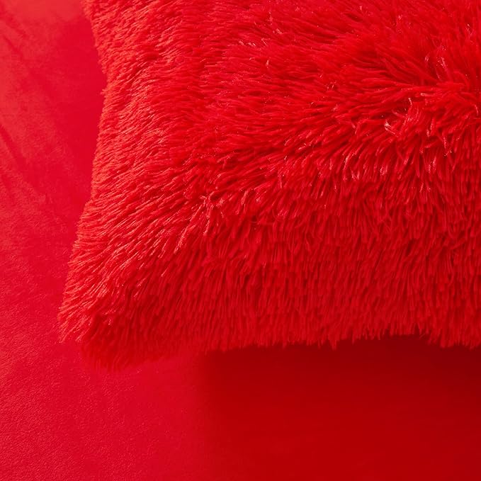 Fluffy Red comforters Cover twin size - Ultra Soft Plush red bedding Sets 2 Pieces (1 faux fur comforter Cover + 1 fuzzy pillow case) girls shaggy red twin bed set (Red, Twin)