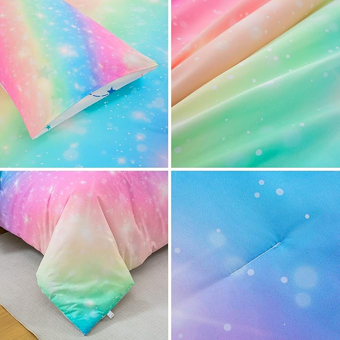 6 Pcs Bed in A Bag Glitter Galaxy Comforter Set Twin Size, Ombre Pink Rainbow Bedding Sets with Sheets for Girls