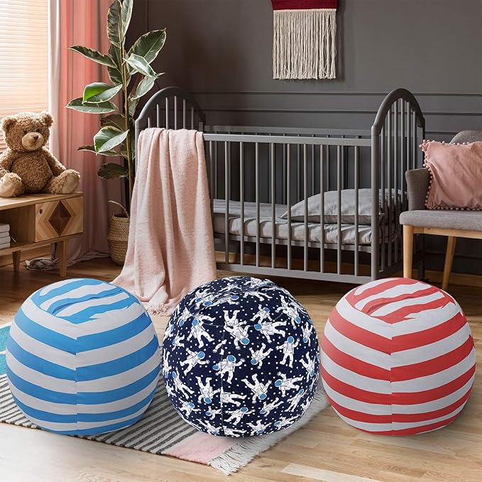 2 PCS Stuffed Animal Storage Bean Bag Chair Cover, Cotton Canvas Beanbag with Zipper for Organizing Kid's and Adults Room Blue Astronaut 24"
