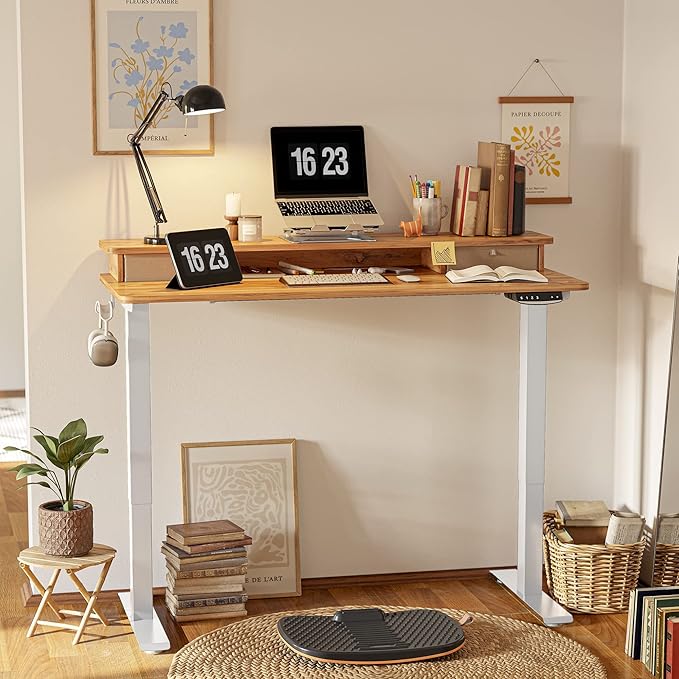 FEZIBO 40 x 24 Inch Height Adjustable Electric Standing Desk with Double Drawer, Stand Up Desk with Storage Shelf, Sit Stand Desk, Light Rustic