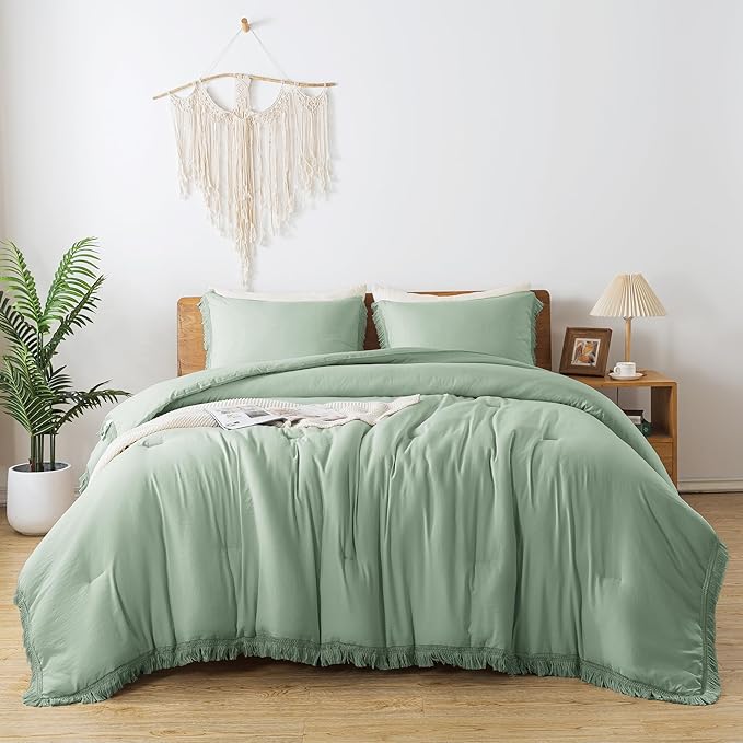 Andency Twin Comforter Set Sage Green, 2 Pieces Kids Comforter Sets for Boys Girls Teens, Boho Tassel Lightweight Winter Fluffy Bed Set (66x90In Comforter & 1 Pillowcase)