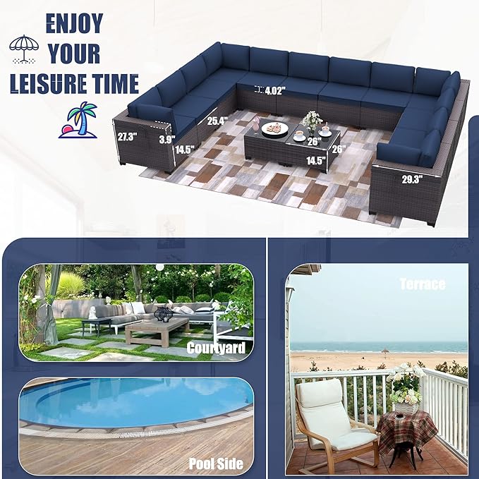 Patio Furniture Set 14-Piece Outdoor Furniture for Backyard Wicker Sectional Sofa Set, PE Rattan Patio Conversation Set 12 Seat with Thickened Cushions and Glass Coffee Tables, Navy Blue