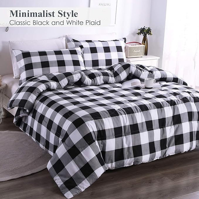 Andency Black Plaid Comforter Set Full Size (79x90 Inch), 3 Pieces (1 Gingham Comforter and 2 Pillowcases), Summer Lightweight Microfiber Buffalo Check Down Alternative Comforter Set