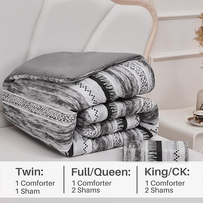 Striped Queen Size Comforter Set, Grey Black 3 PCS Microfiber Soft Lightweight Bedding Set