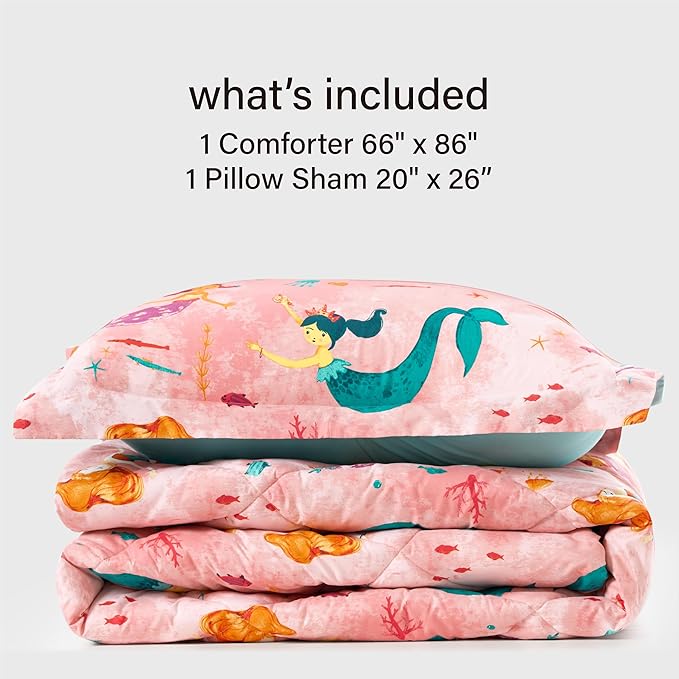 Twin Mermaid Bedding Sets for Girls, 2 Pieces Kids Twin Comforter Sets, Super Soft Lightweight for All Seasons, Includes 1 Comforter (66"x86") and 1 Pillowcase (20"x26"+2")