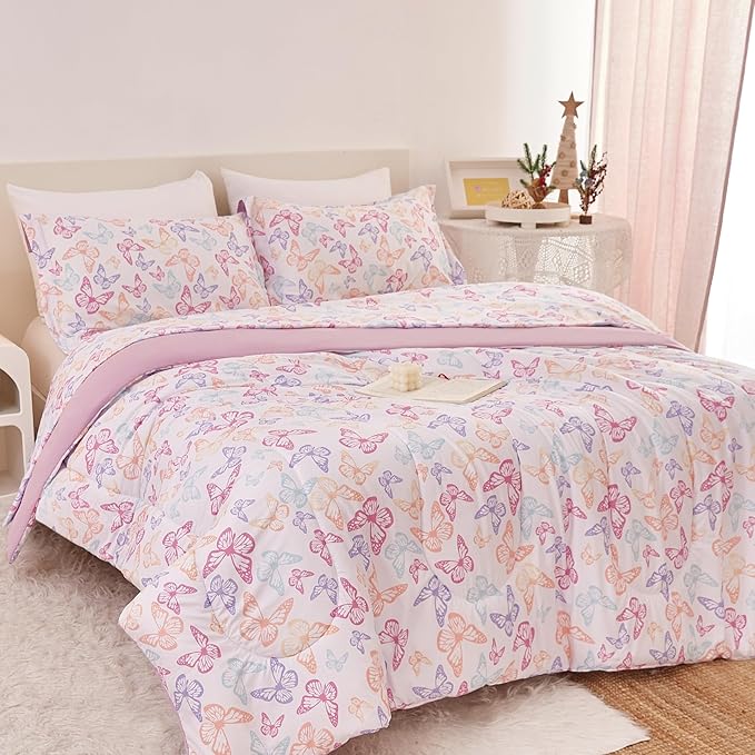 Butterfly Kids Comforter Set for Girls Full Size, Cute Reversible Quilted Lavender Printed Bedding Set with Pillow Sham, Lightweight Soft Breathable Machine Washable Bed Set 3 Piece