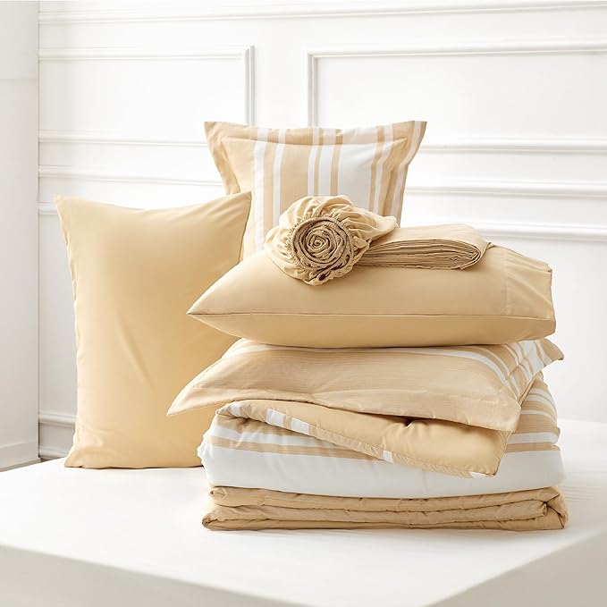 Bedsure Bed in a Bag Queen Size 7-Piece Yellow White Striped Bedding Comforter Sets All Season Bed Set, 2 Pillow Shams, Flat Sheet, Fitted Sheet and 2 Pillowcases