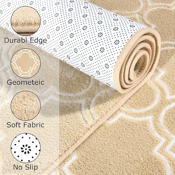 Chicrug Shag Geometric Modern Area Rug for Living Room, 5x7 Feet Large Memory Foam Indoor Carpet, Fluffy Rug for Bedroom Bedside Room Decor for Family Girls Kids Nursery, Beige/White