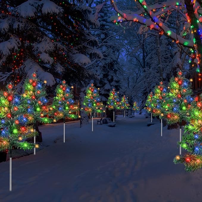 Outdoor Christmas Decorations 6-Pack Solar Christmas Tree with 8 Lighting Modes 120 Multi-Color Lights for House Outside Pathway Yard Garden Walkway Lawn Patio Front Porch Door