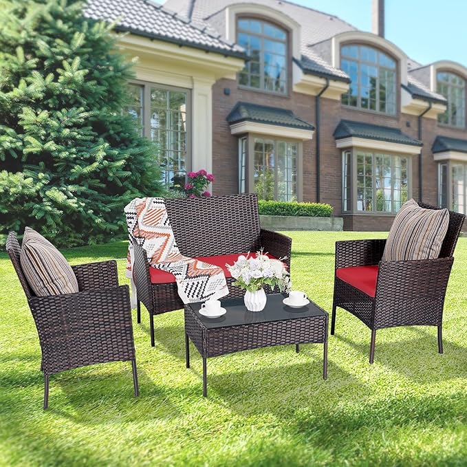 Patio Furniture Set 4 Pieces Conversation Sets Outdoor Wicker Rattan Chairs Garden Backyard Balcony Porch Poolside Loveseat with Soft Cushion and Tempered Glass Table(Brown/Red)