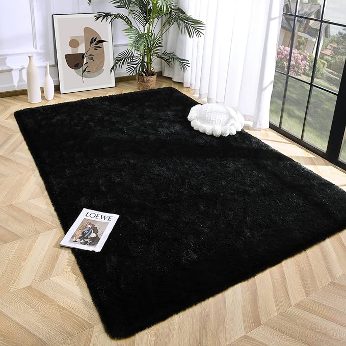 Super Soft Fluffy Shaggy Rugs 6x9 Feet for Living Room Bedroom, Fuzzy Plush Area Rugs for Girls Kids Room Nursery Home Decor, Furry Dorm Rug Cute Non-Slip Indoor Floor Carpet, Black