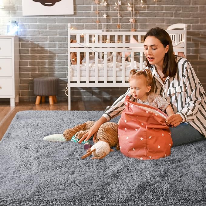Super Soft Fluffy Shaggy Rugs for Living Room Bedroom, Fuzzy Plush Area Rugs for Girls Kids Room Nursery Home Decor, Furry Dorm Throw Rug Cute Non-Slip Indoor Floor Carpet 5x8 Feet, Grey