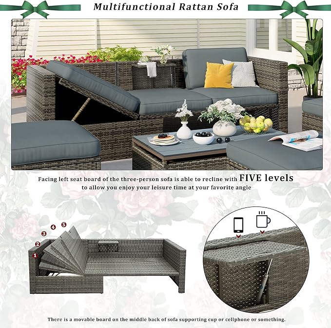 5 Pieces Patio Furniture Sets All Weather Wicker Rattan Sectional Sofa Outdoor Conversation with Adustable Backrest, Cushions, Ottomans and Lift Top Coffee Table for Poolside, Garden, Backyard