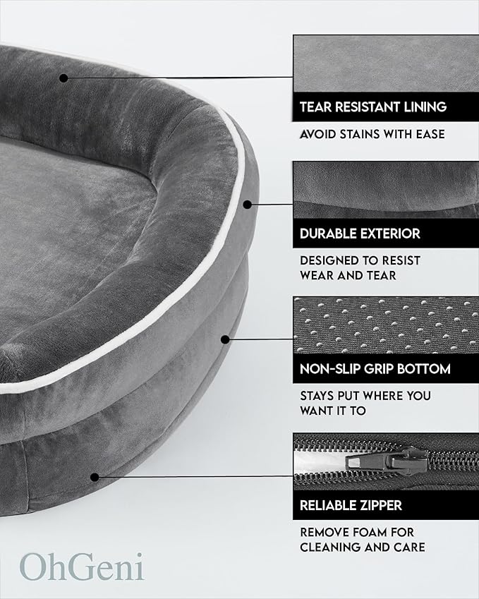 OhGeni Orthopedic Dog Bed Couch for Medium Sized Pets with Egg Foam Support, Four-Sided Bolster Cushions, Soft Tear-Resistant Fabric, and Removable Machine Washable Plush Cover 28-Inch (Gray)