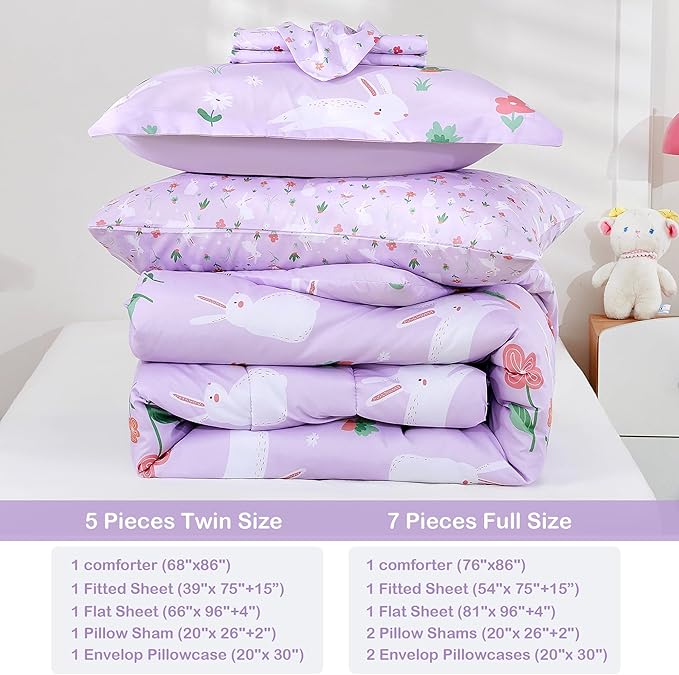 Mooreeke Bed in a Bag for Kids Girls Teens, 7 Pieces Full Size Comforter Bed Set with Shams, Sheet Set, Rabbit Purple Super Soft Microfiber Kids Comforter Bedding Set
