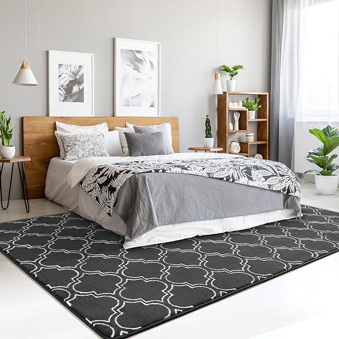 Chicrug Shag Geometric Modern Area Rug for Bedroom, 3x5 Feet Memory Foam Indoor Carpet, Fluffy Rug for Living room Bedside Room Decor for Family Girls Kids Nursery Play Mat, Dark Grey/White