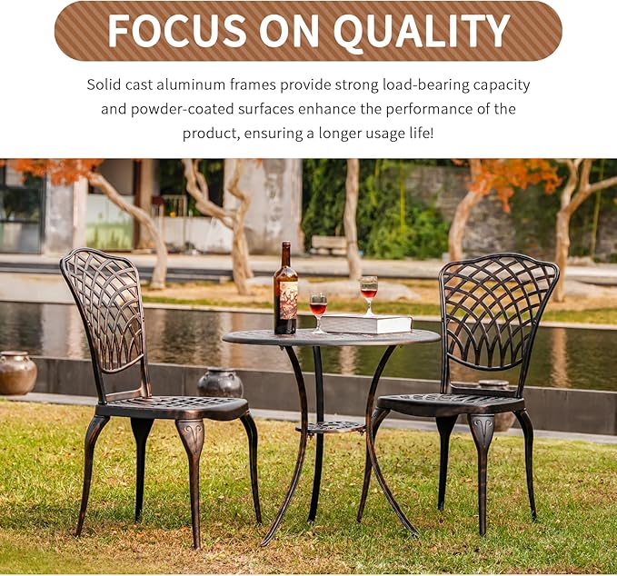 Patio Bistro Set 3 Piece Outdoor Cast Aluminum Bistro Table and Chairs Set of 2 with 1.97" Umbrella Hole,All Weather Outdoor Bistro Set for Front Proch Set (Bronze)