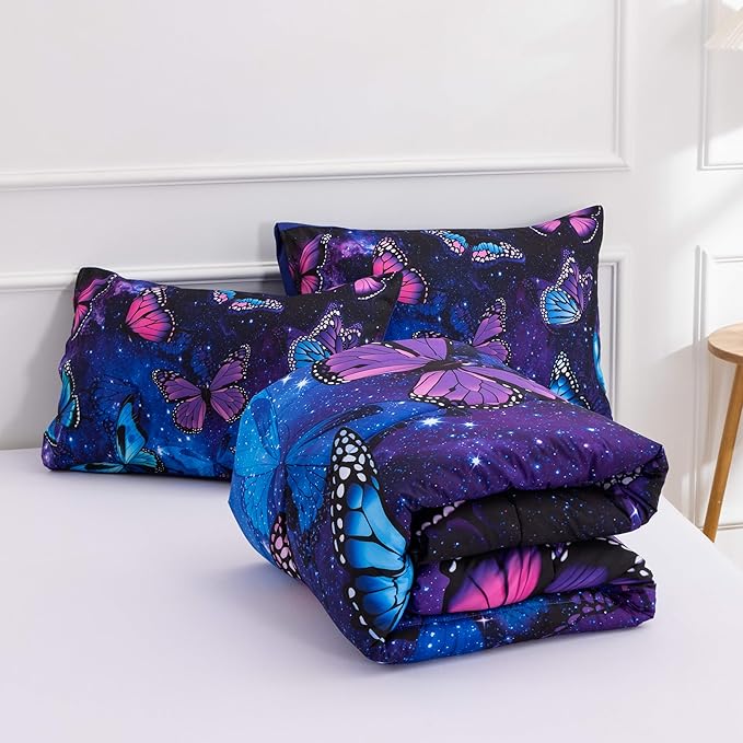 Btargot 3 Piece Butterfly Pattern Girls Comforter Set with 2 Pillow Covers, Galaxy Outer Space Printed Bedding Set for Women, Full Purple Blue