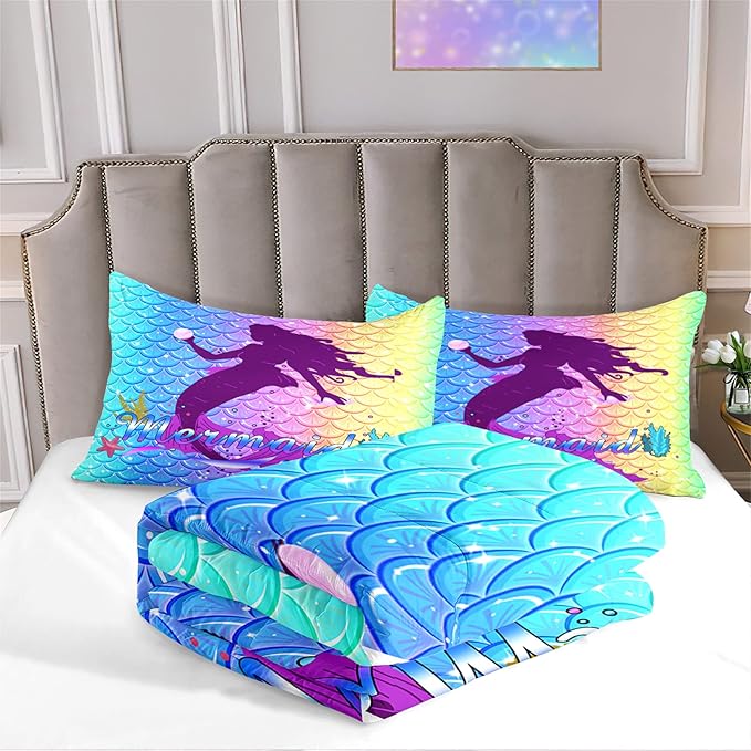 3Pcs Mermaid Comforter Set Queen Fish Scale Patterns Printed Queen Comforter Sets for Girls All Season Ultra Soft MIcrofiber Mermaid Bed Set Quilted Duvet with 2 Pillowcases, Queen Size