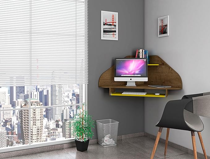 Manhattan Comfort Bradley Mid Century Modern Home Office Floating Cubicle Section Study Desk, 2 Piece, Rustic Brown/Yellow