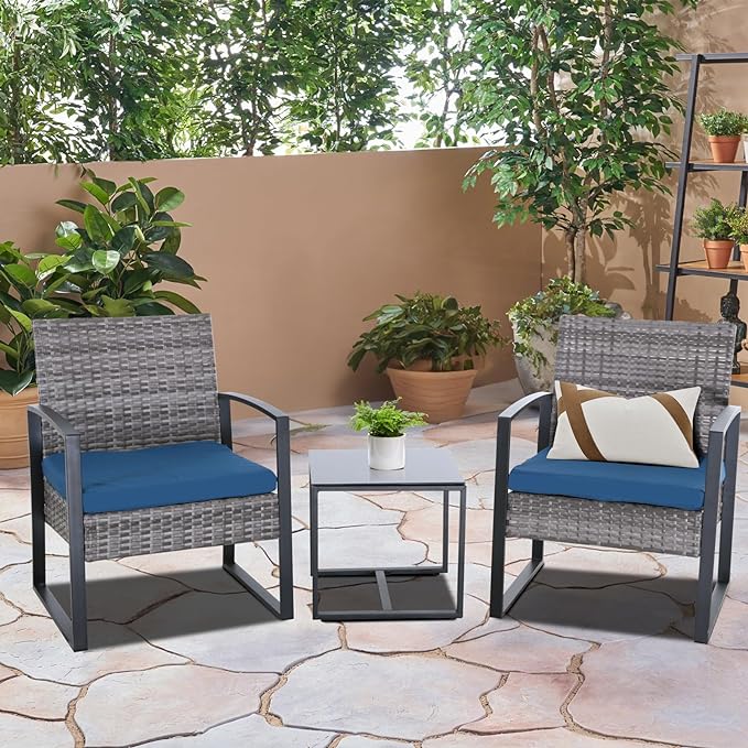 3 Pieces Patio Furniture Set, Outdoor Patio Set, Patio Bistro Set, All-Weather Wicker Conversation Set with Cushions Table for Porch Backyard (Gray-Blue)
