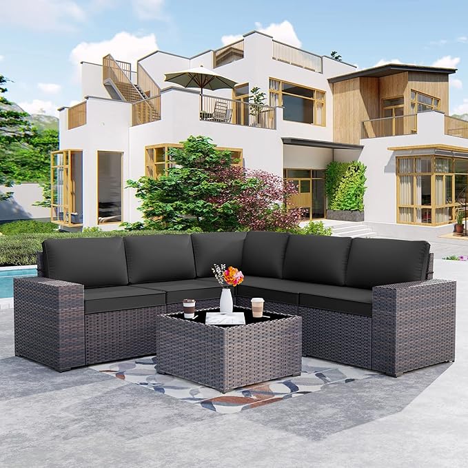 Patio Furniture Set Sofa 6-Pieces Wicker Sectional Sofa Set, Outdoor Furniture Rattan Patio Conversation Set with Thickened Cushion and Glass Coffee Table, Black