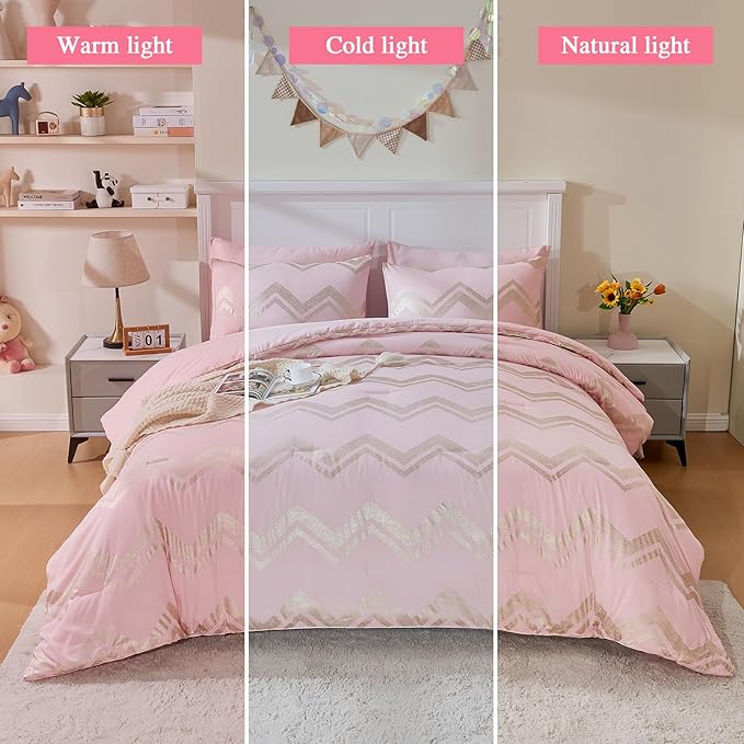 Wowelife 7 Pieces Pink Comforter Set King Size Gold Glitter Kids Bedroom Bedding Set Metallic Bed in a Bag for Girls with Comforter, Flat Sheet, Fitted Sheet 2 Pillow Shams and 2 Pillowcase