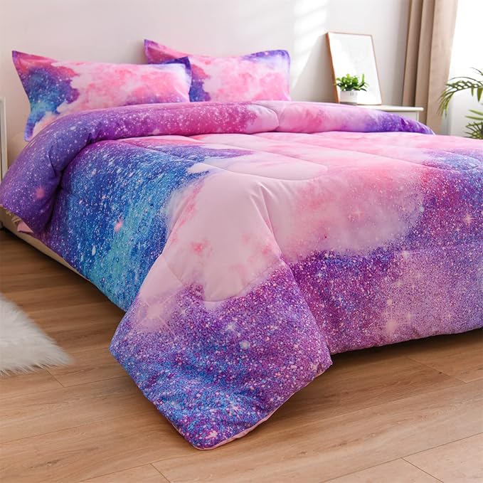 A Nice Night Galaxy Bedding Sets Outer Space Comforter 3D Printed Space Quilt Set Queen Size Glitter Pink Color,for Children Boy Girl Teen Kids