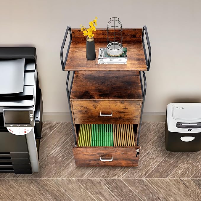 Vertical File Cabinet, 2 Drawer Mobile Filing Cabinet with 1 Bookshelf, Printer Stand with Open Storage Shelves Fits A4/Letter/Legal Size File Cabinets for Home Office Organizer, Brown