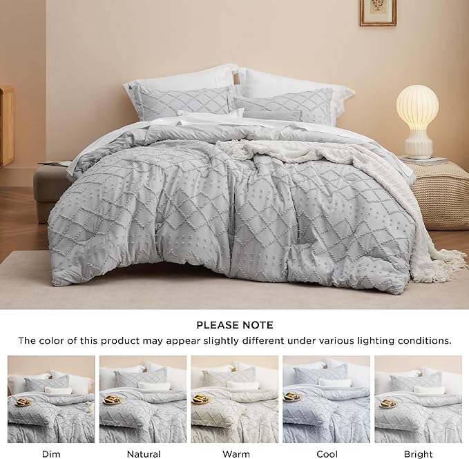 Bedsure Twin/Twin XL Comforter Set - Light Grey Boho Twin Extra Long Comforter Set for College, Shabby Chic Dorm Bedding Set, 2 Pieces Modern Farmhouse Bed Set, includes 1 Pillow Sham