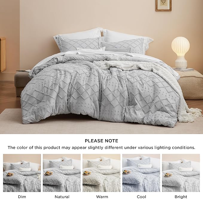Bedsure King Size Comforter Set - Light Grey Comforter, Boho Tufted Shabby Chic Bedding Comforter Set, 3 Pieces Farmhouse Bed Set for All Seasons, Fluffy Soft Bedding Set with 2 Pillow Shams