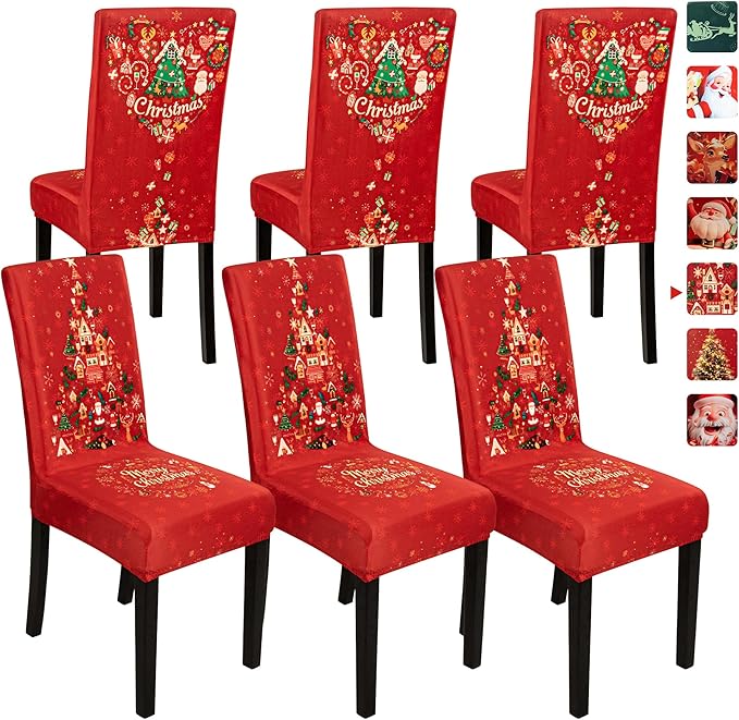6PCS Christmas Dining Chair Covers, Stretch Removable Washable Dining Room Chair Protector Slipcovers, Xmas Tree Heart Kitchen Chair Cover, Slipcover Protector for Xmas Holiday Party Home Décor