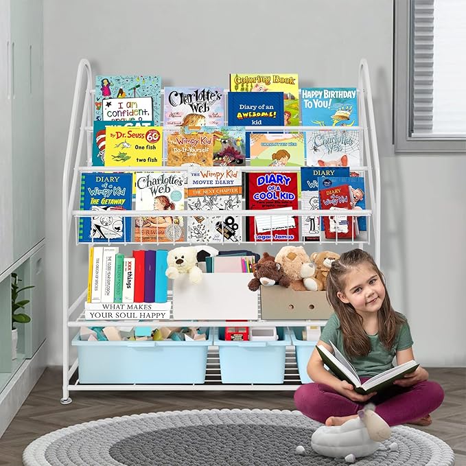 aboxoo Metal Kids Bookshelf Freestanding Bookcase for Children Room 32 in Large Toy Organizer Modern MinimalistWhite Stable Metel Bookstore Bedroom, Living, Library Book Unit Storage