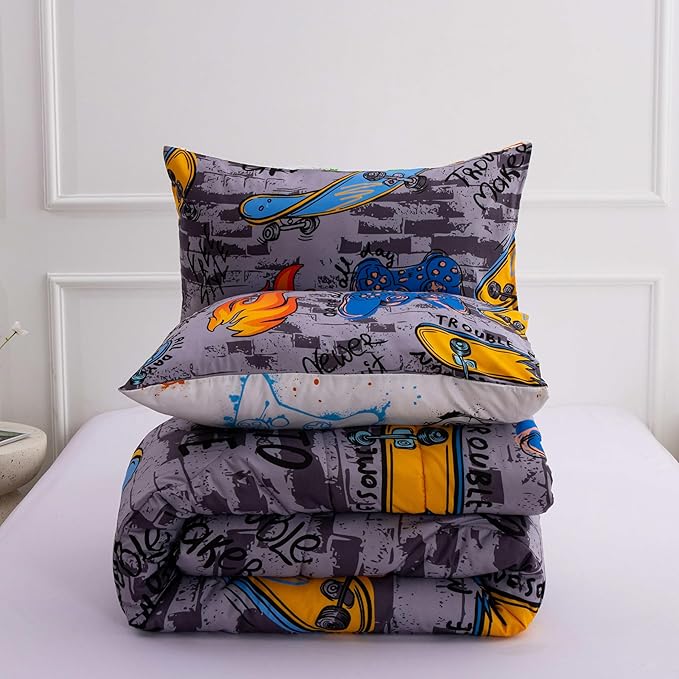 Btargot Gaming Stone Pattern Comforter Set for Boys Girls Kids, 3 Pieces Reversible Skateboard Game Console Flame Painting Bedding Set, Grey Full